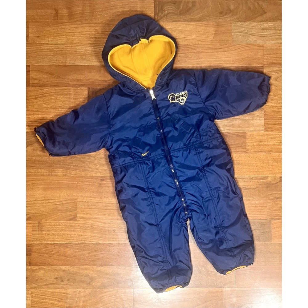 Vtg Nike Team St. Louis Rams Reversible Hooded Snowsuit Bunting 24M Blue/Yellow